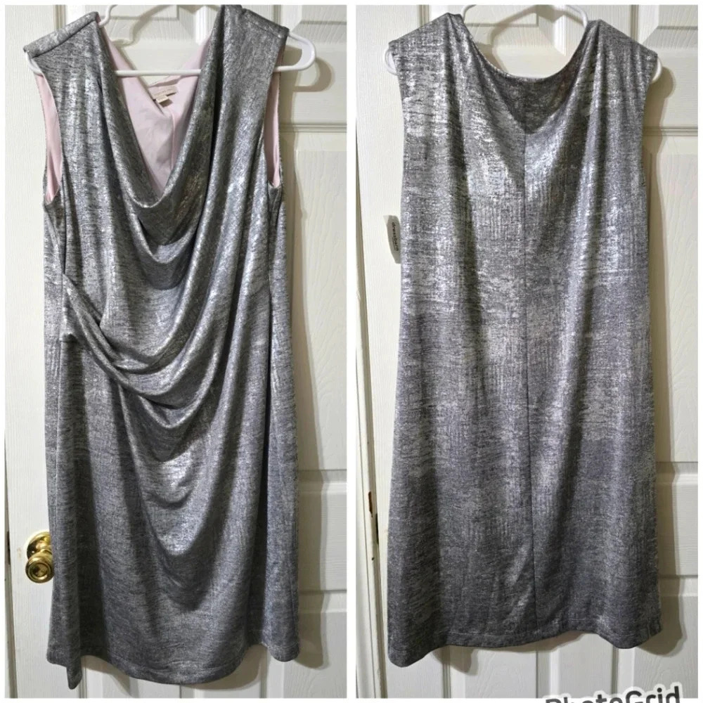 NWT CB Est. 1962 Stretchy Jersey Knit Cowlneck Mini Dress in Metallic Silver.